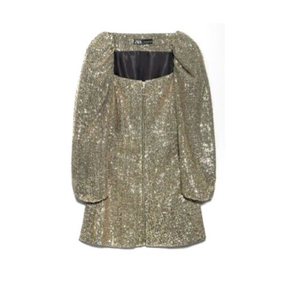 Zara NWT Bloggers Favorite Golden Sequin Puff Sleeve Zipped Party Shimmer Dress - Picture 3 of 16